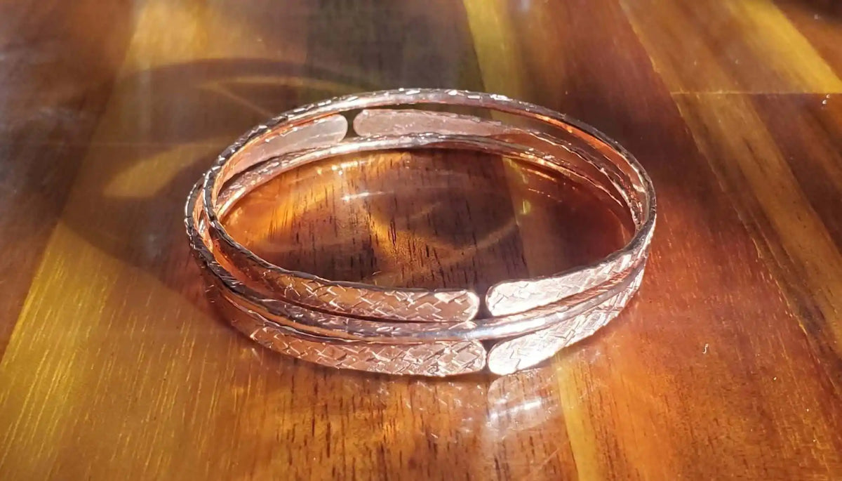Stackable Copper Hammered Open Double Canted Angle Bangles