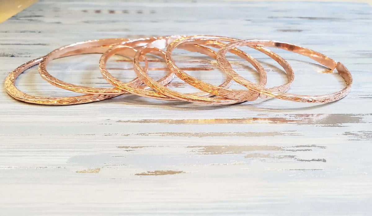 Stackable Copper Hammered Open Double Canted Angle Bangles