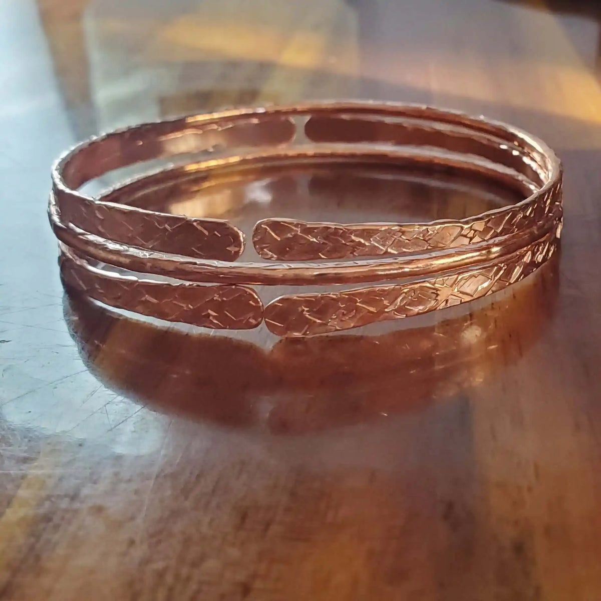 Stackable Copper Hammered Open Double Canted Angle Bangles