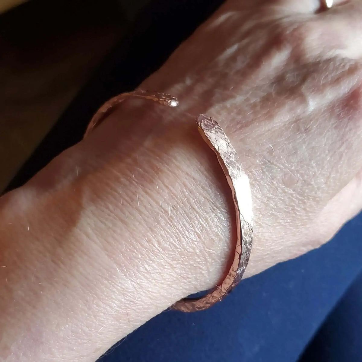 Stackable Copper Hammered Open Double Canted Angle Bangles