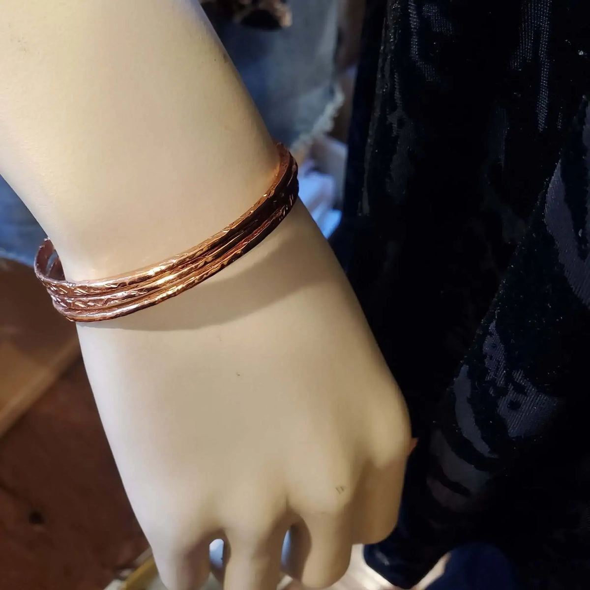 Stackable Copper Hammered Open Double Canted Angle Bangles