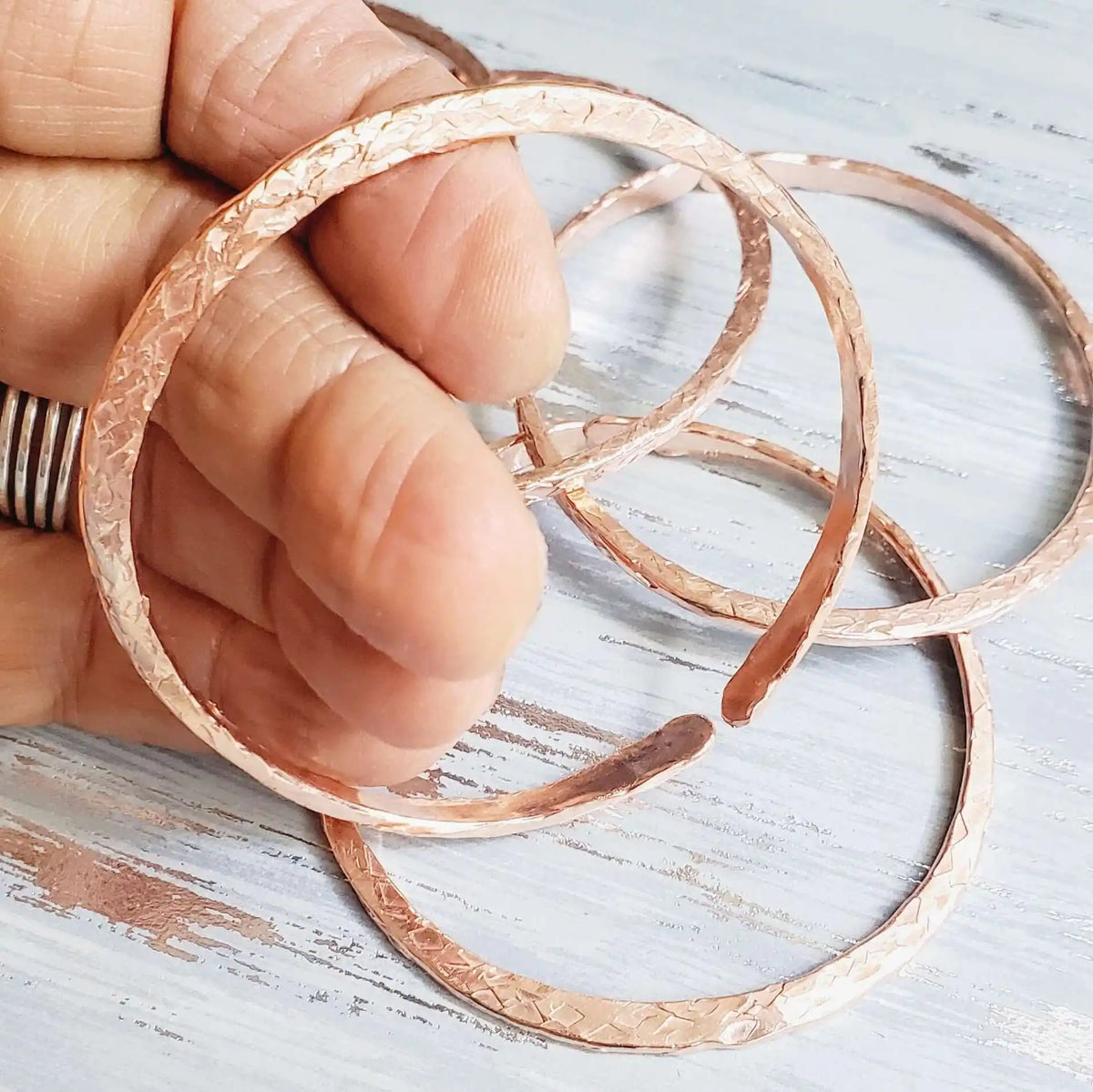 Stackable Copper Hammered Open Double Canted Angle Bangles