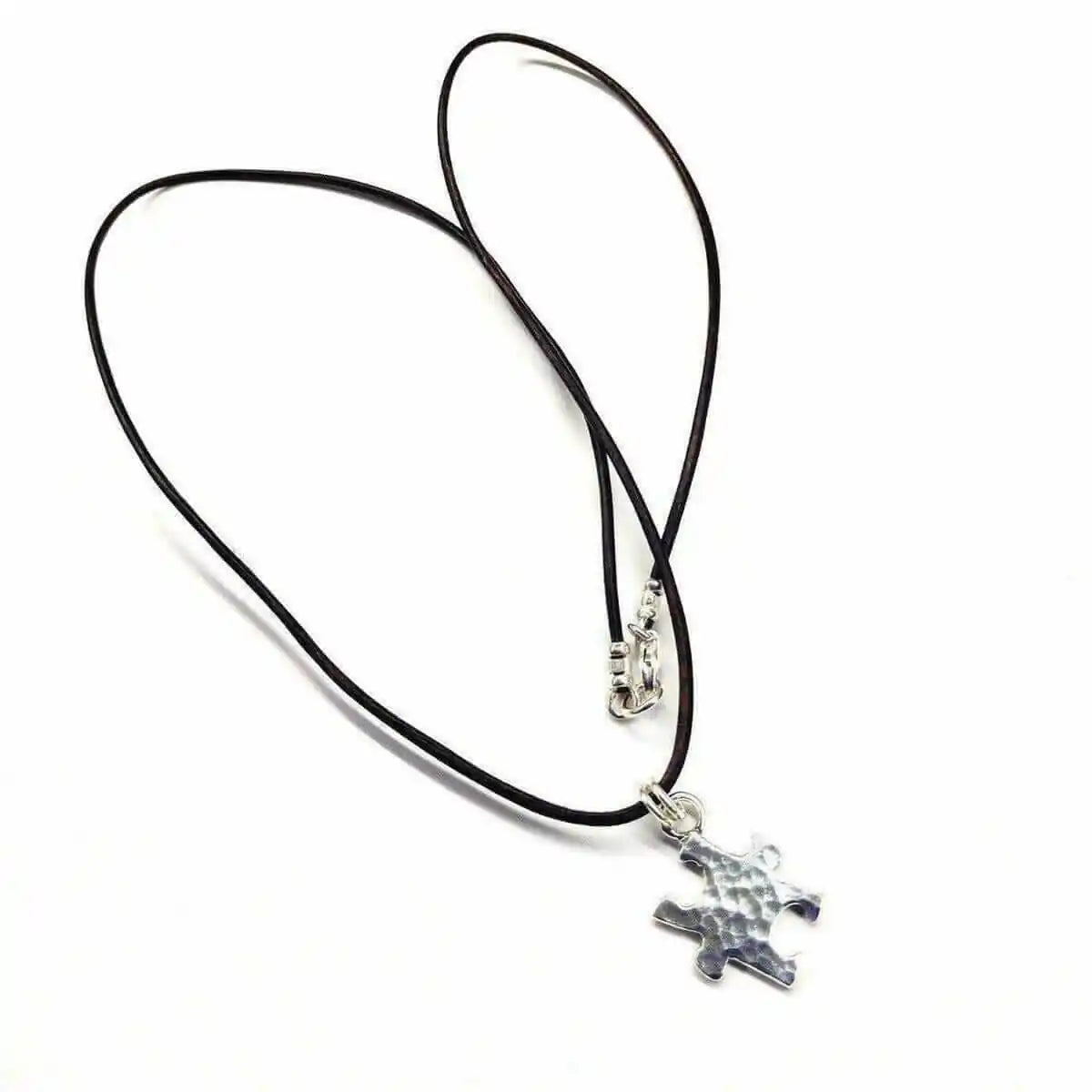 925 Silver Autism Awareness Puzzle Piece Leather Necklace