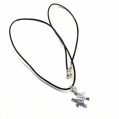 925 Silver Autism Awareness Puzzle Piece Leather Necklace