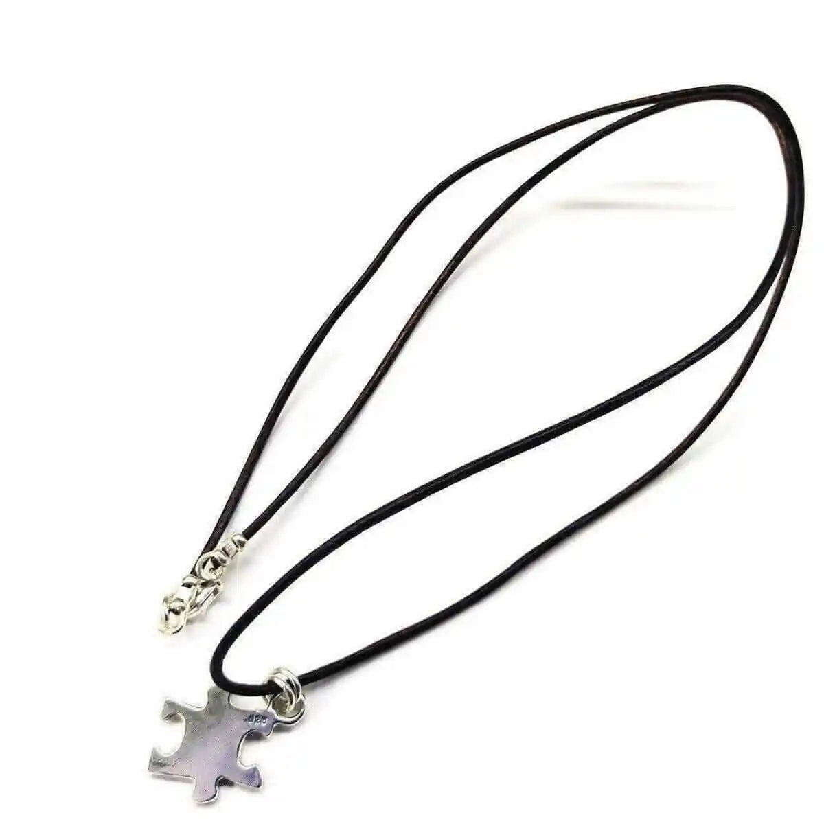 925 Silver Autism Awareness Puzzle Piece Leather Necklace
