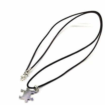 925 Silver Autism Awareness Puzzle Piece Leather Necklace