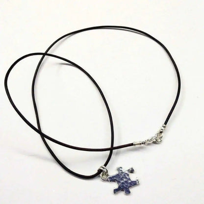 925 Silver Autism Awareness Puzzle Piece Leather Necklace