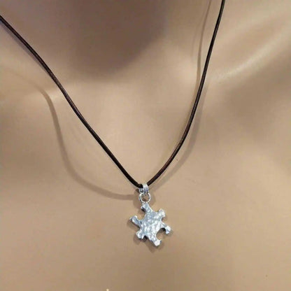 925 Silver Autism Awareness Puzzle Piece Leather Necklace