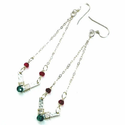 Sterling Silver Chevron Hot Pink Green Gemstone Earrings