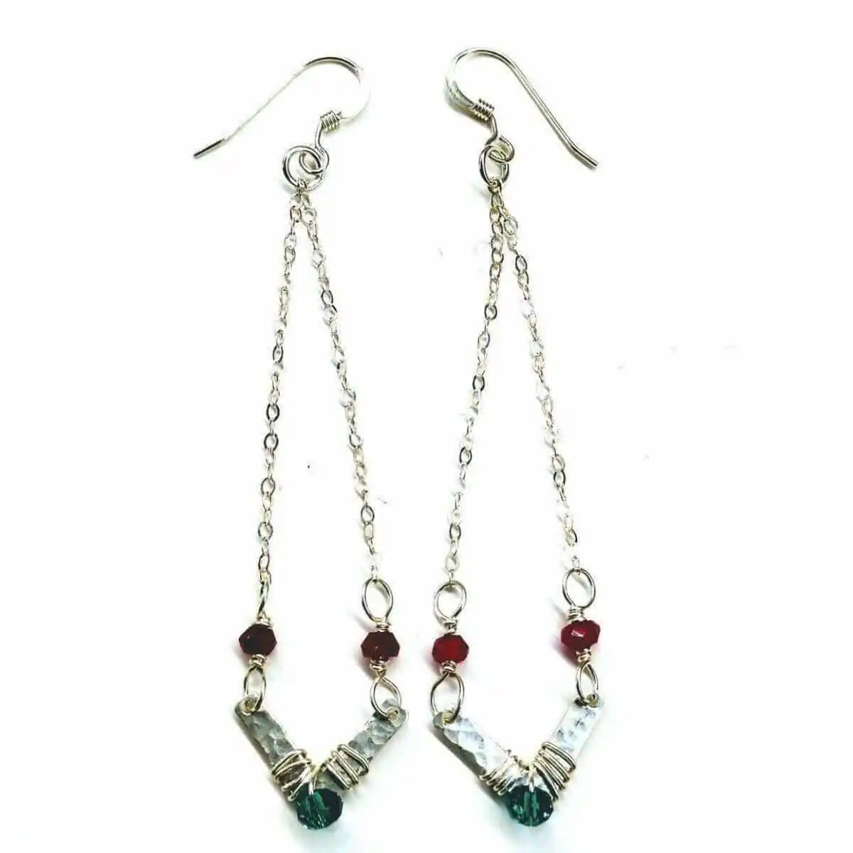 Sterling Silver Chevron Hot Pink Green Gemstone Earrings