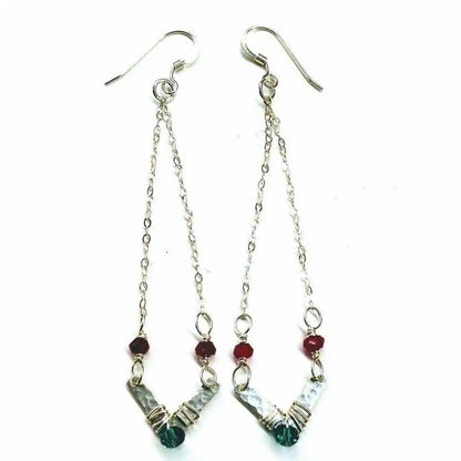 Sterling Silver Chevron Hot Pink Green Gemstone Earrings