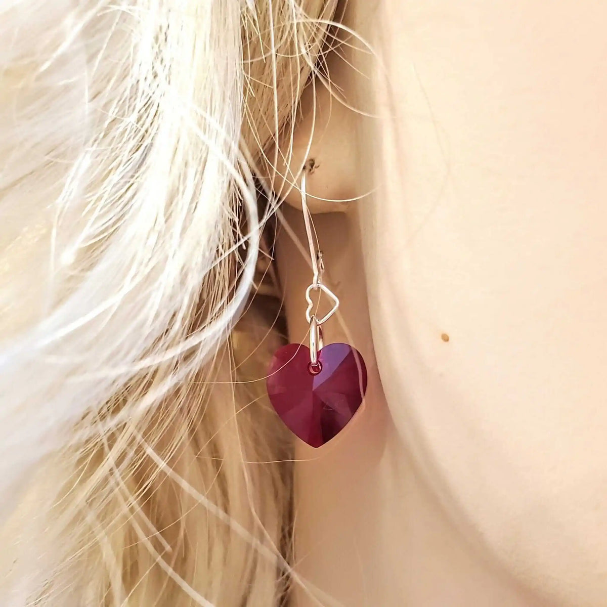 Sterling Silver Red Heart Crystal Earrings
