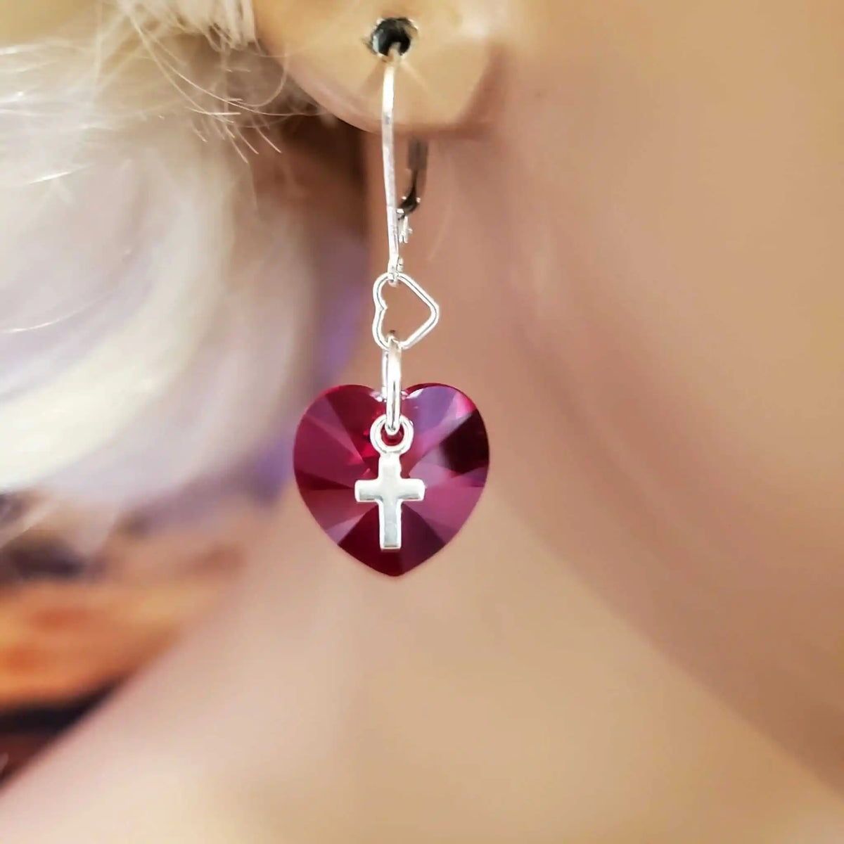 Sterling Silver Red Heart Crystal Earrings