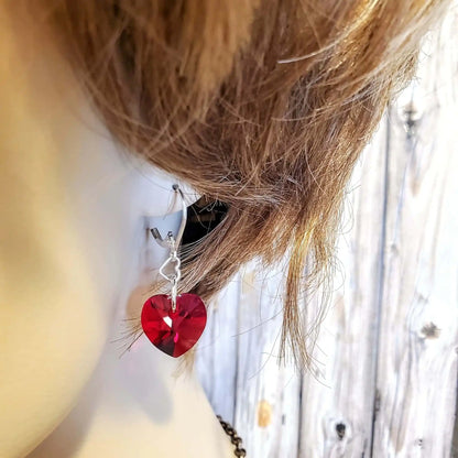 Sterling Silver Red Heart Crystal Earrings