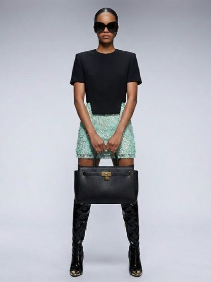 Structured Tweed Mini Skirt With Embroidered Roses & Crystals • BYMANYC ® New York