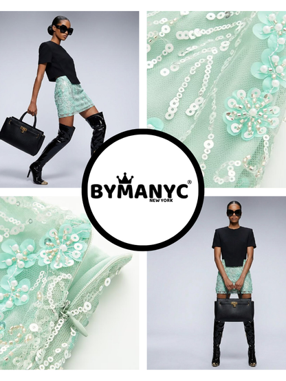 Structured Tweed Mini Skirt With Embroidered Roses & Crystals • BYMANYC ® New York