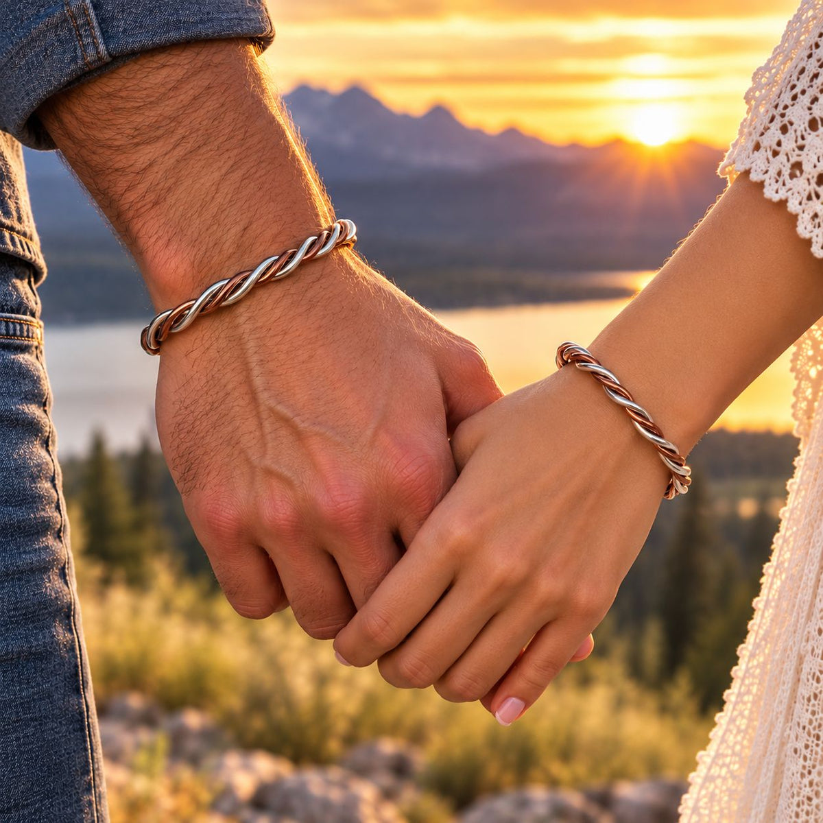 Twisted Copper & Silver Couples Cuff Bangle Set