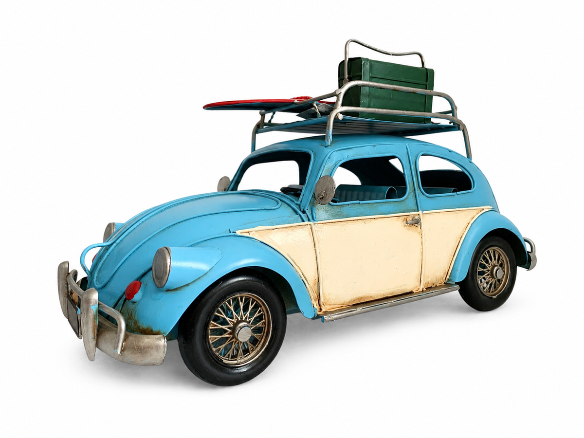 Vintage Coastal Beetle Metal Car Model With Surfboard & Roof Luggage