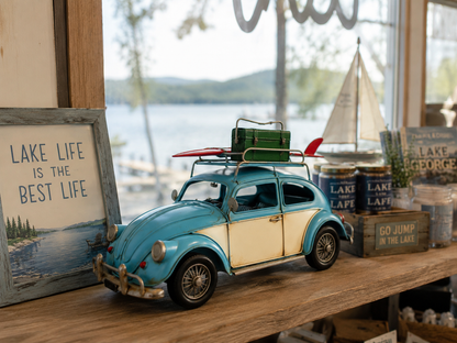 Vintage Coastal Beetle Metal Car Model With Surfboard & Roof Luggage