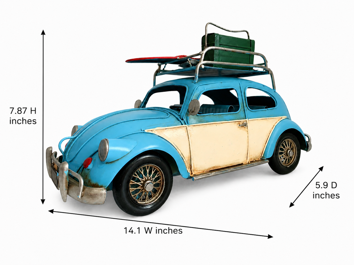 Vintage Coastal Beetle Metal Car Model With Surfboard & Roof Luggage