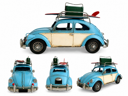 Vintage Coastal Beetle Metal Car Model With Surfboard & Roof Luggage