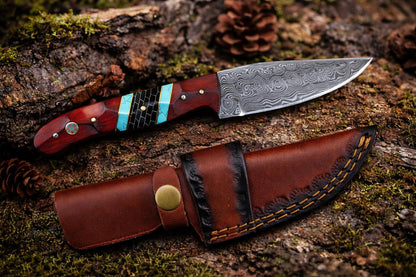 Hand-Forged Damascus Steel Drop Point Outdoor Utility Tool | Rosewood, Turquoise & Black Honeycomb Handle - TK-503