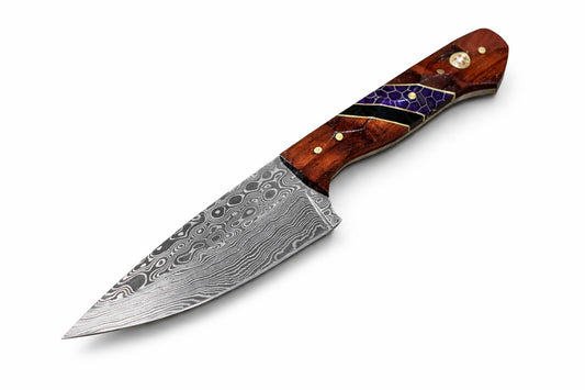 Hand-Forged Damascus Steel Drop Point Outdoor Utility Tool | Rosewood, Black & Purple Honeycomb Handle TK-510