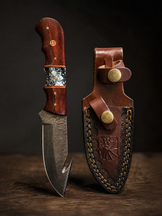 Damascus Steel Fixed Blade Hunting Knife With Gut Hook, Padauk Wood & Cobra Honeycomb Resin Inlay Handle for Field Dressing & Camping With Custom Leather Sheath TK-517