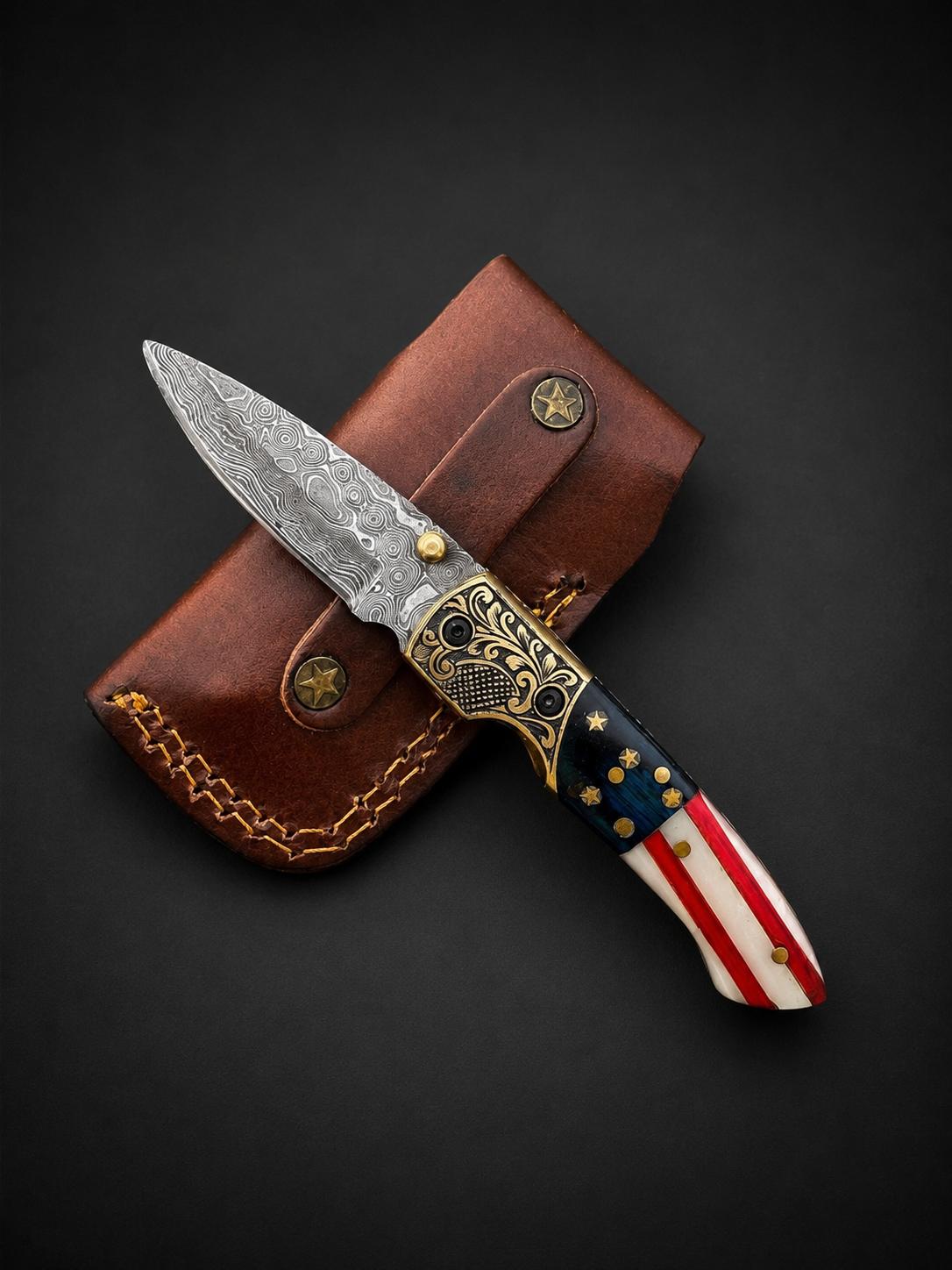 Premium Damascus Steel Folding Pocket Knife – Patriotic Edition With Leather Sheath TF-102