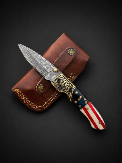 Premium Damascus Steel Folding Pocket Knife – Patriotic Edition With Leather Sheath TF-102
