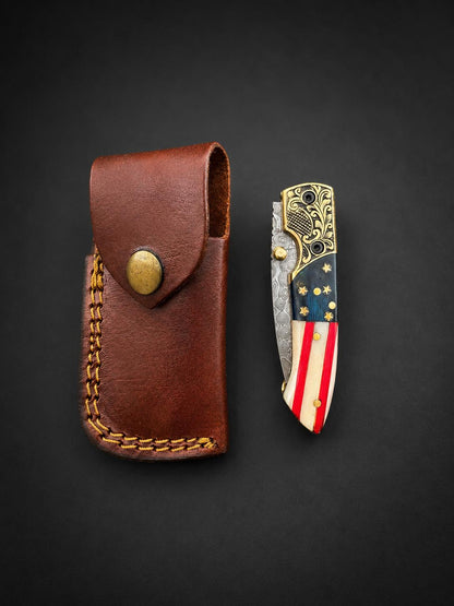 Premium Damascus Steel Folding Pocket Knife – Patriotic Edition With Leather Sheath TF-102