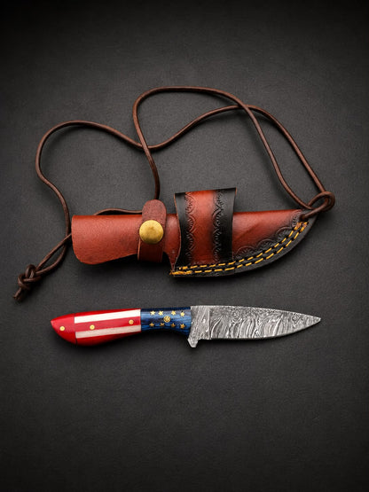 Premium Damascus Steel Fixed Blade Knife – Patriotic Edition With Tooled Leather Sheath TK-527