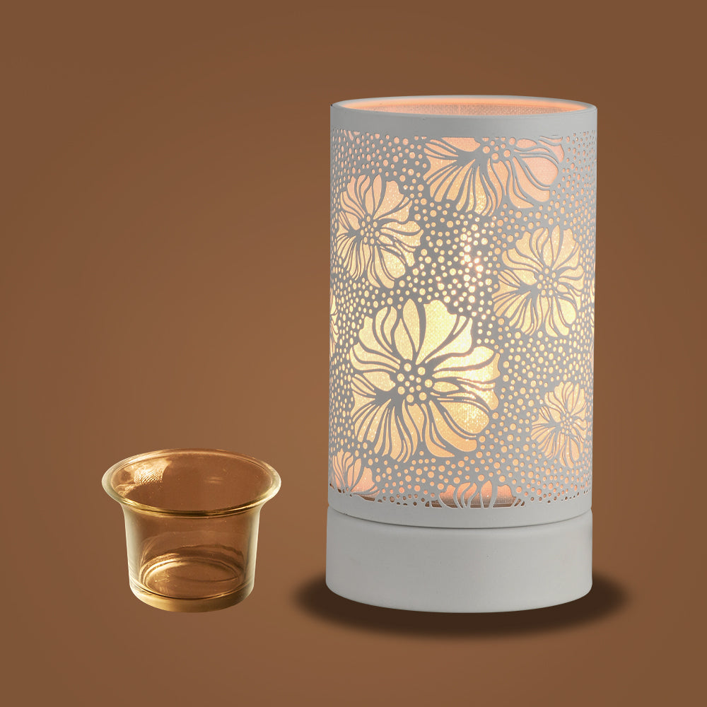 7" Touch Lamp/Oil Burner/Wax Warmer-White Flower