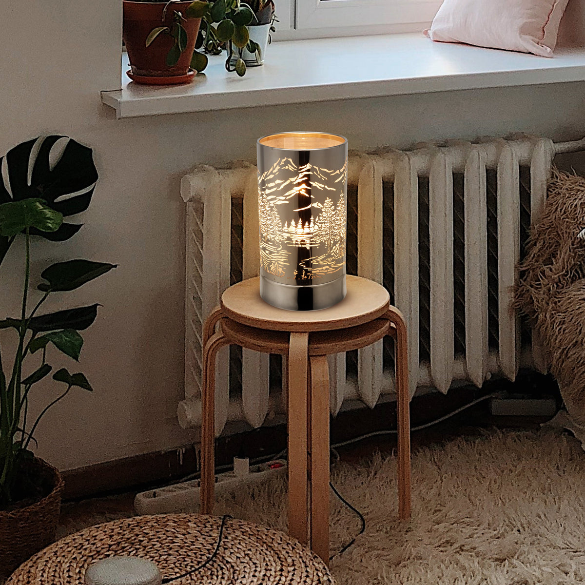 7" Touch Lamp/Oil Burner/Wax Warmer-Silver Mountain Scene