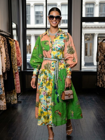 Tropical Patchwork Puff Sleeve Maxi Dress SOHO New Collection FASHION BYMANYC ® New York
