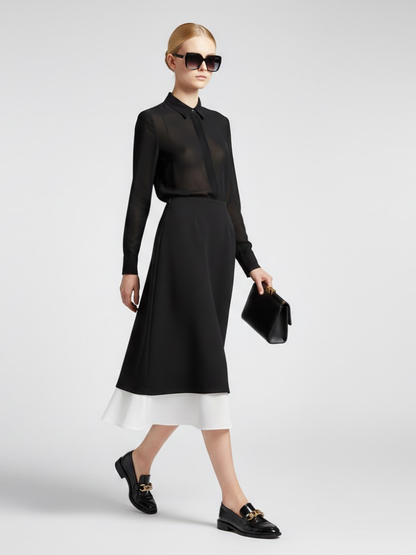 Two-Tone Black and White Midi Skirt With Double-Layer Design • BYMANYC ® New York
