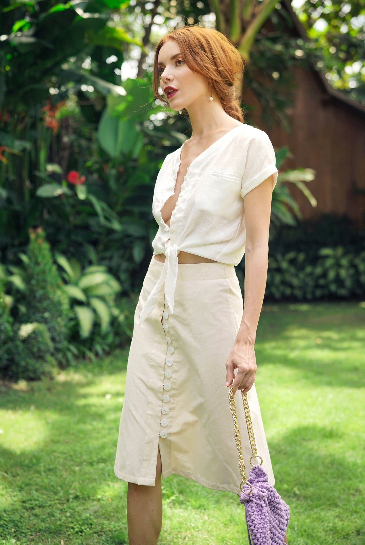 ULURU Button-Down Skirt in Off-White
