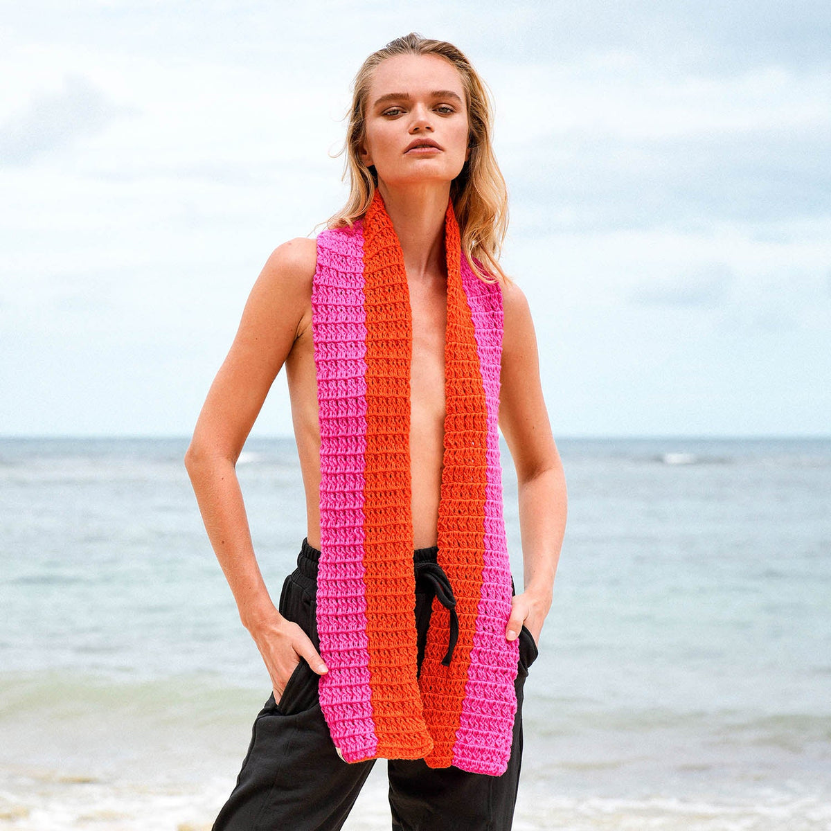 WAFFLE Crochet Scarf in Candy Pink & Tangerine Orange