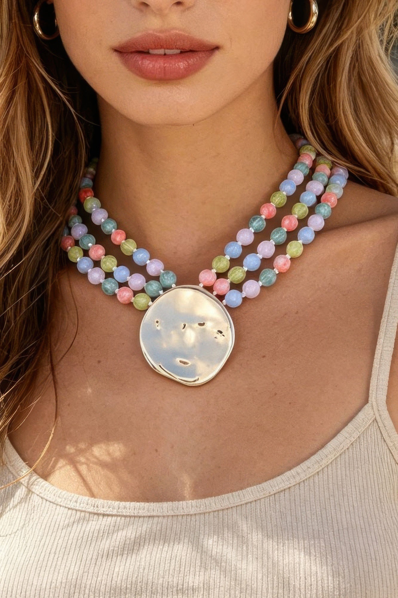 Women's Statement Necklace Triple Beaded Disc BYMANYC ® New York LAYERED TEXTURED COLLAR - New Collection