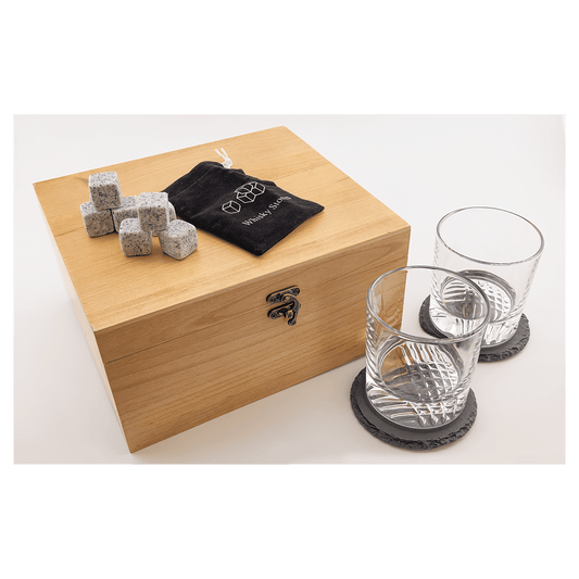 Red Alder Whiskey Set With Two Glasses, Slate Coasters and Whiskey Stones