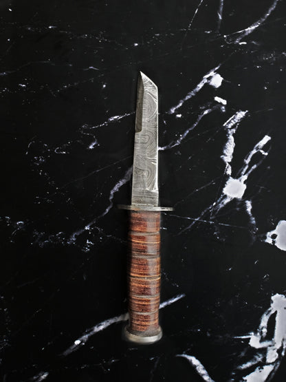 Military Style Tanto Knife High Carbon Damascus Blade Hand Made by Titan Stacked Leather Handle TD-235