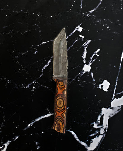 Custom, 9", Tactical Tanto Knife, Damascus Knife, Tanto Point, Hunting Knife W/ Carved Diamond Wood, Beautiful Twist Damascus