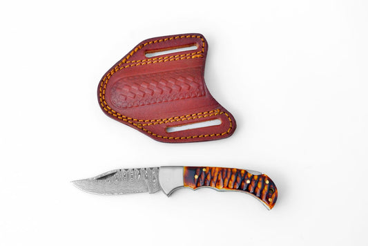 Stag Horn Style Damascus Folding Knife With Leather Sheath - TF-098