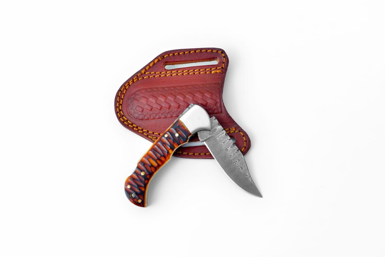 Stag Horn Style Damascus Folding Knife With Leather Sheath - TF-098