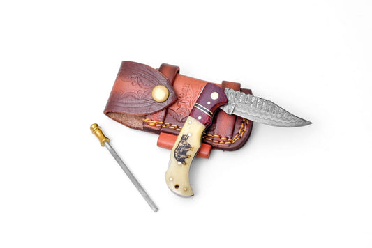 Bear Engraved Damascus Folding Knife With Leather Sheath - TF-089