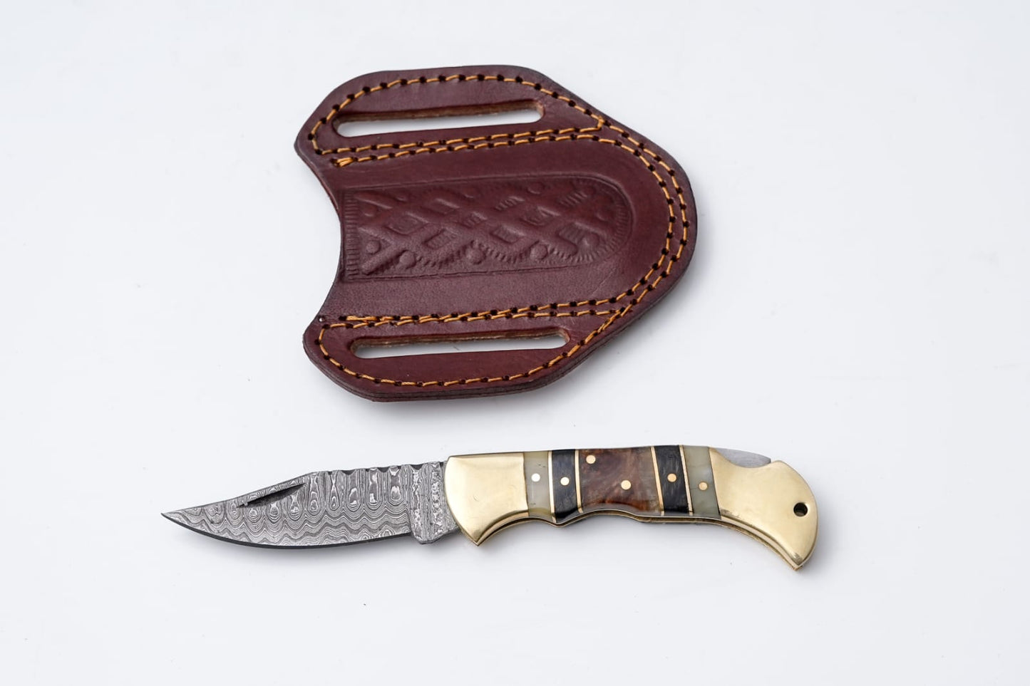 Brass & Bone Damascus Folding Knife With Leather Sheath - TF-099