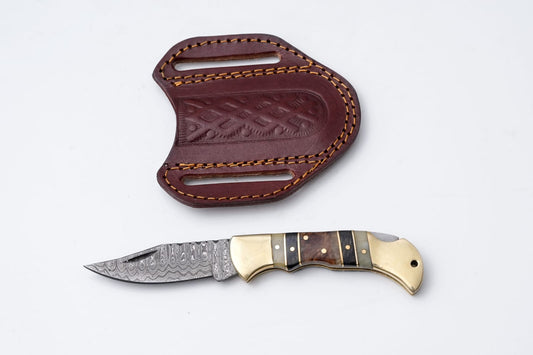 Brass & Bone Damascus Folding Knife With Leather Sheath - TF-099