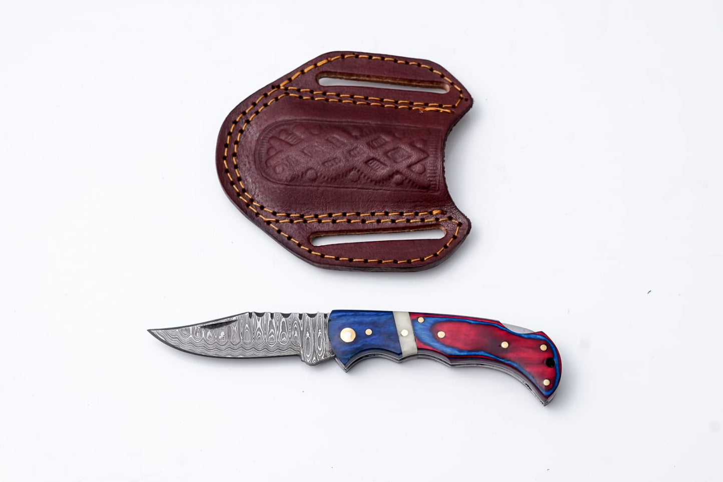 Patriot Series Damascus Folding Knife – Red & Blue Handle With Leather Sheath -TF-097