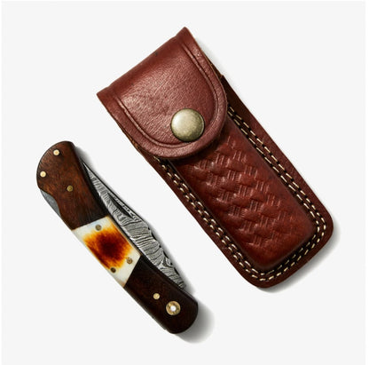Walnut & Torched Bone Damascus Pocket Knife - TF-092