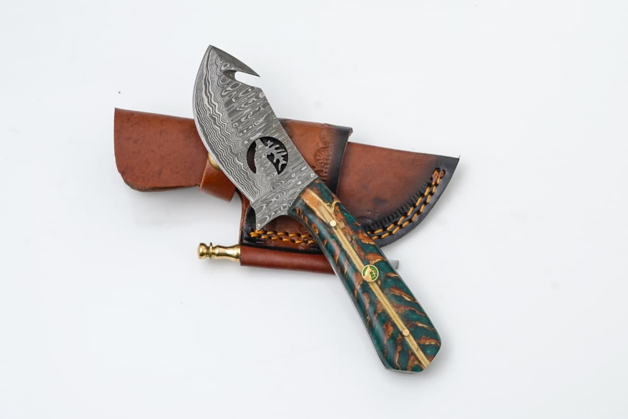 Damascus Guthook Hunting Knife With Pine Cone Handle - TK- 423